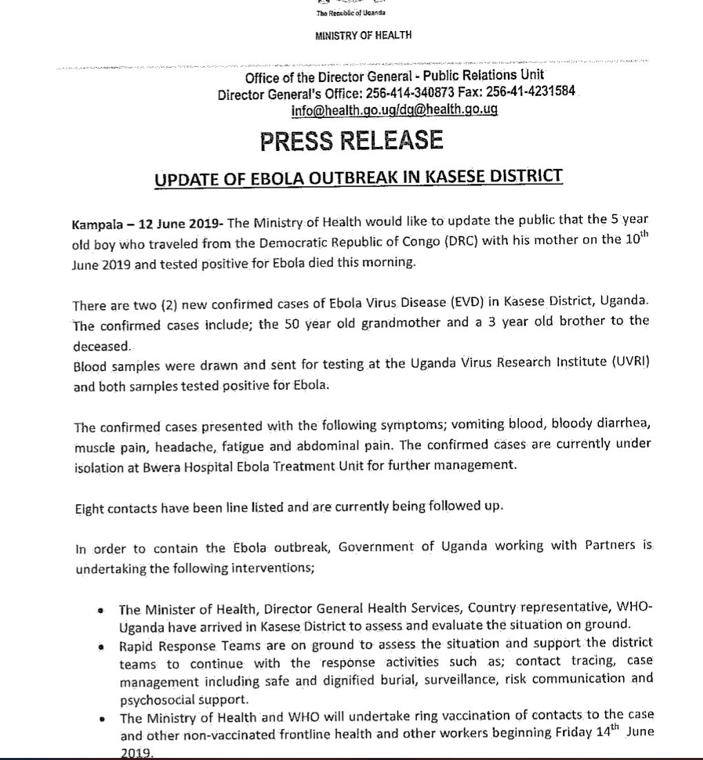 Official statement from @MinofHealthUG on the death of index Ebola case and two new cases 