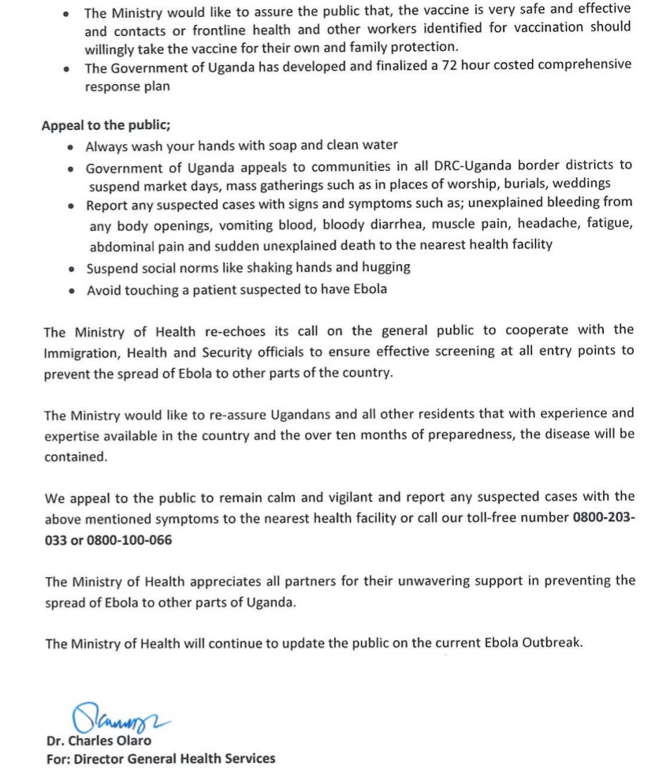 Official statement from @MinofHealthUG on the death of index Ebola case and two new cases 