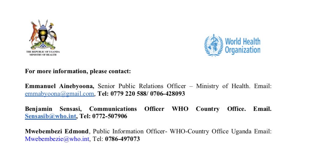 @MinofHealthUG and @WHOUganda are identifying contacts of a person from the Democratic Republic of Congo who visited Uganda to trade in fish before returning to DRC, where she later died of Ebola.  At present,there is NO confirmed case of Ebola in Uganda   